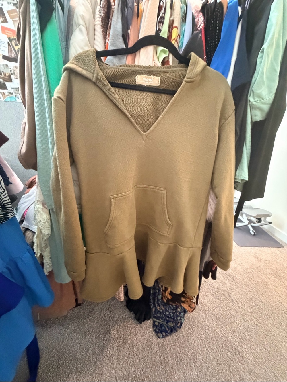 Olive Hooded Peplum Sweatshirt mini dress with Kangaroo Pocket